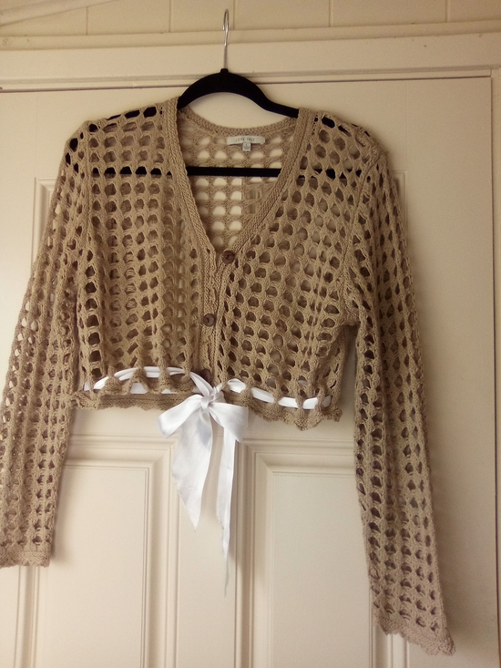 Love Tree Sweaters - Love Tree Cropped Open-Weave Crochet Cardigan Ribbon Tie